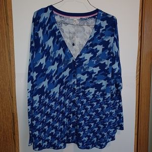 Isaac Mizrahi Live! Blue Houndstooth Print Button Front Plus Size Cardigan